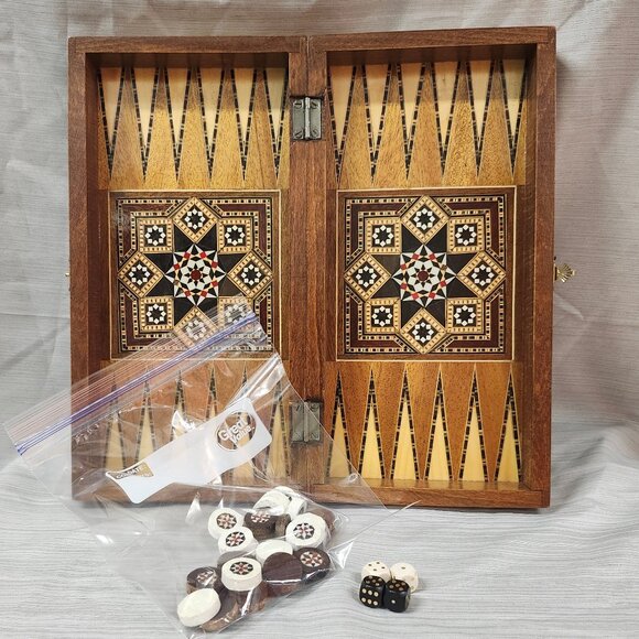 Other - Vintage Small Marquetry Mosaic wood Inlaid Backgammon Board